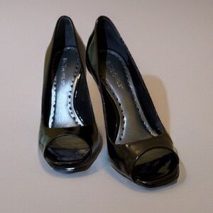 BCBGirls Glossy Black Open Toe Heels